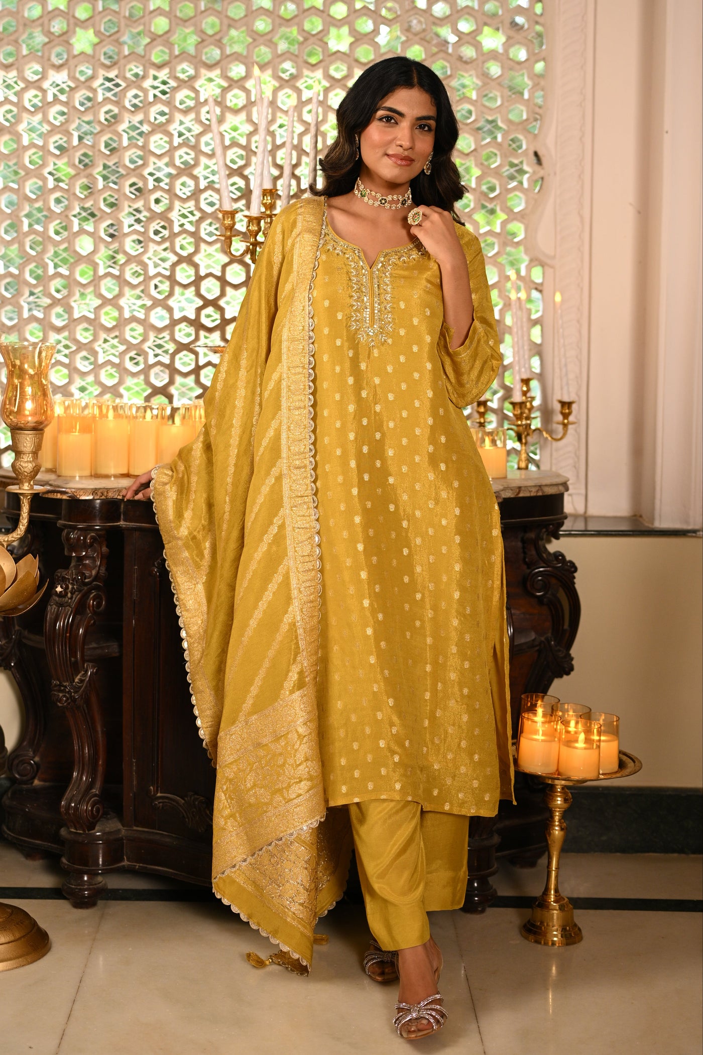 Yellow Banarasi Small Buti Suit Set with Sequence and Gota Work