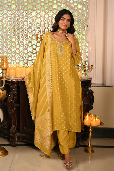 Yellow Banarasi Small Buti Suit Set with Sequence and Gota Work