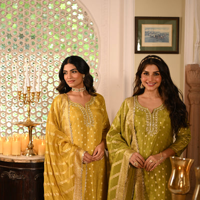 Yellow Banarasi Small Buti Suit Set with Sequence and Gota Work