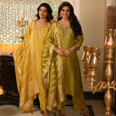 Yellow Banarasi Small Buti Suit Set with Sequence and Gota Work