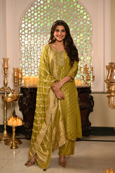 Green Banarasi Small Buti Suit Set with Sequence and Gota Work