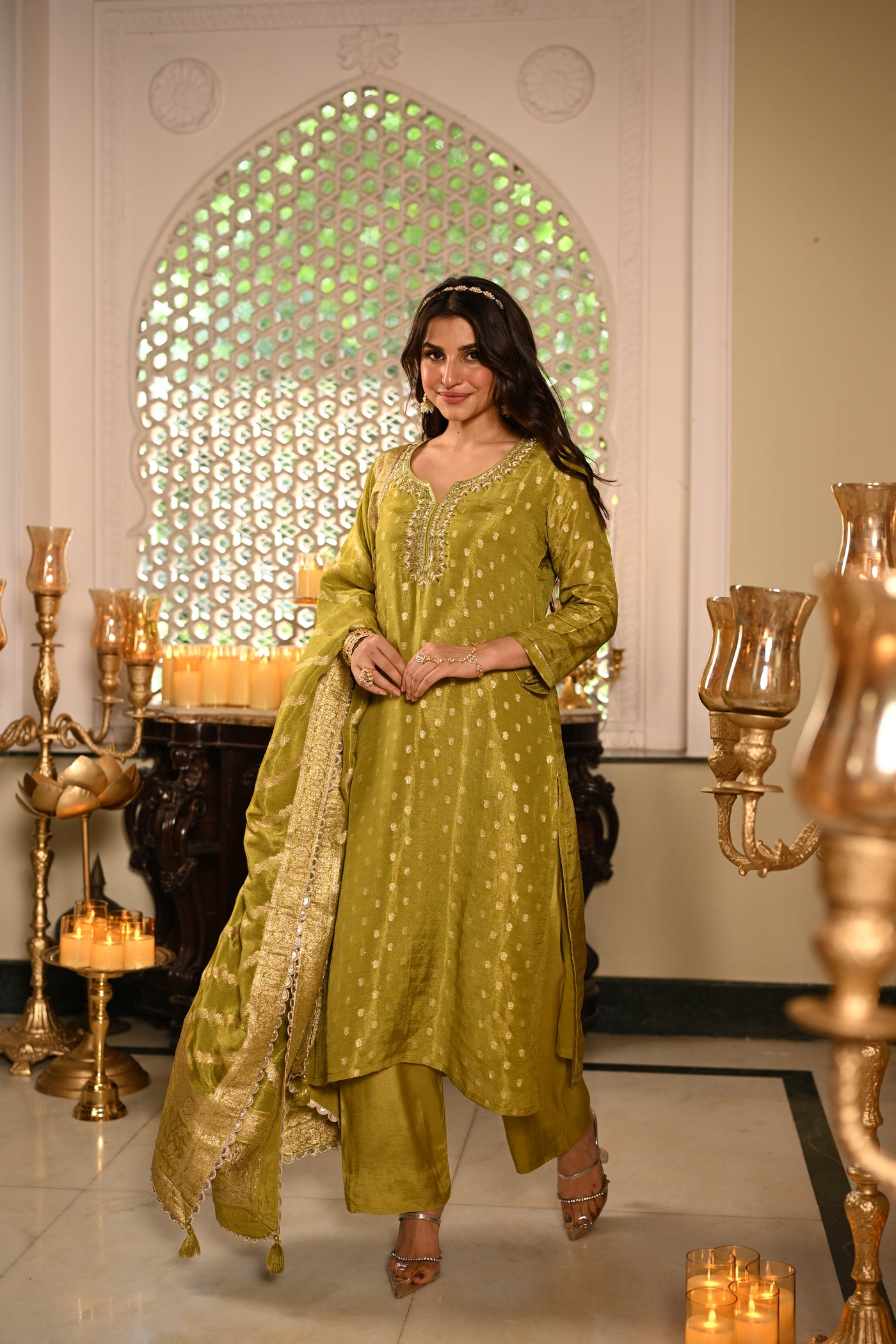 Green Banarasi Small Buti Suit Set with Sequence and Gota Work