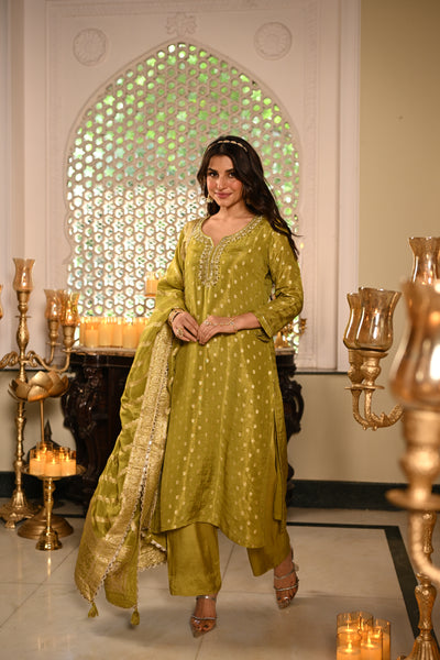 Green Banarasi Small Buti Suit Set with Sequence and Gota Work