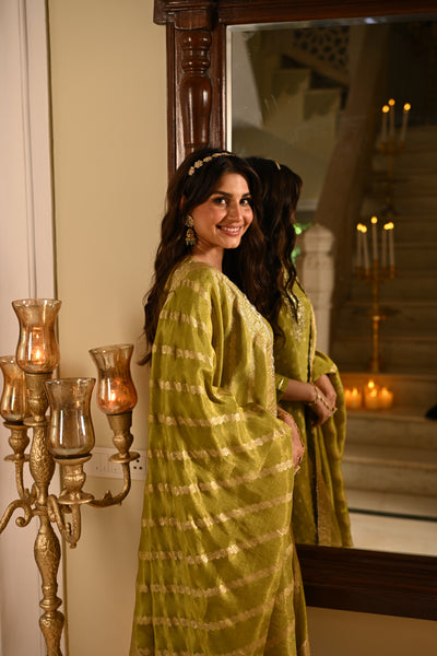 Green Banarasi Small Buti Suit Set with Sequence and Gota Work