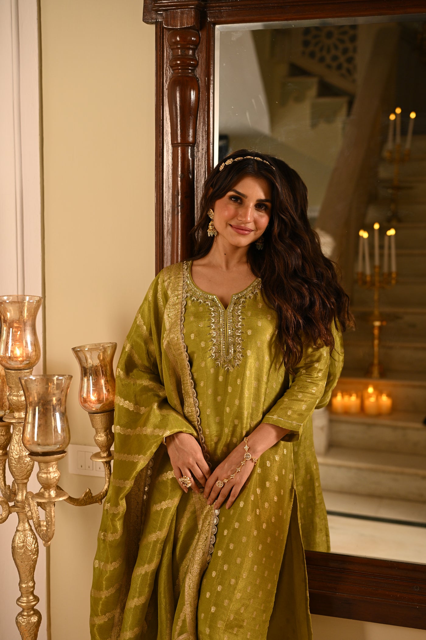 Green Banarasi Small Buti Suit Set with Sequence and Gota Work