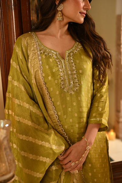 Green Banarasi Small Buti Suit Set with Sequence and Gota Work