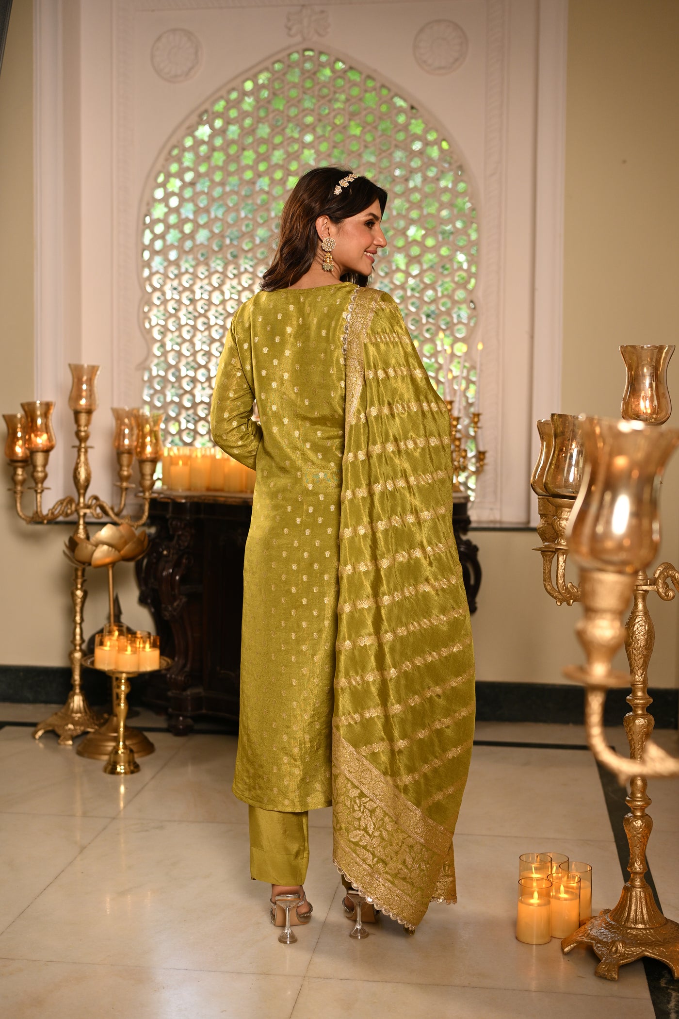 Green Banarasi Small Buti Suit Set with Sequence and Gota Work