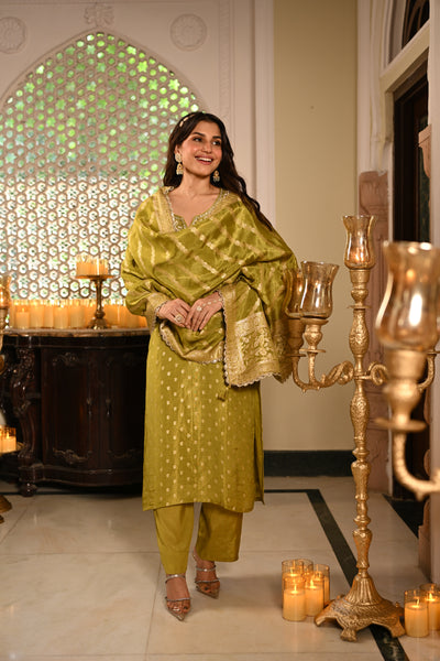 Green Banarasi Small Buti Suit Set with Sequence and Gota Work