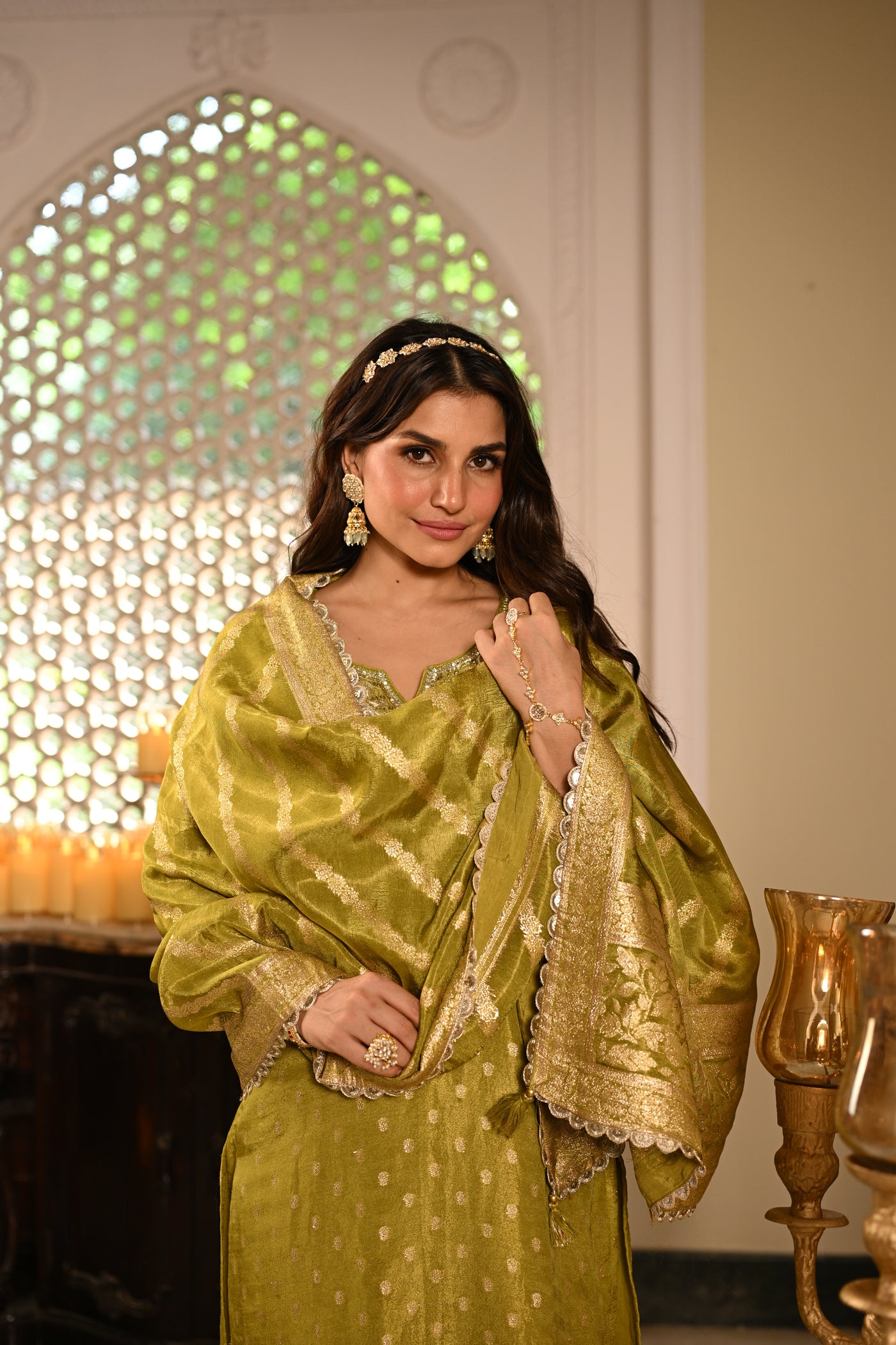 Green Banarasi Small Buti Suit Set with Sequence and Gota Work