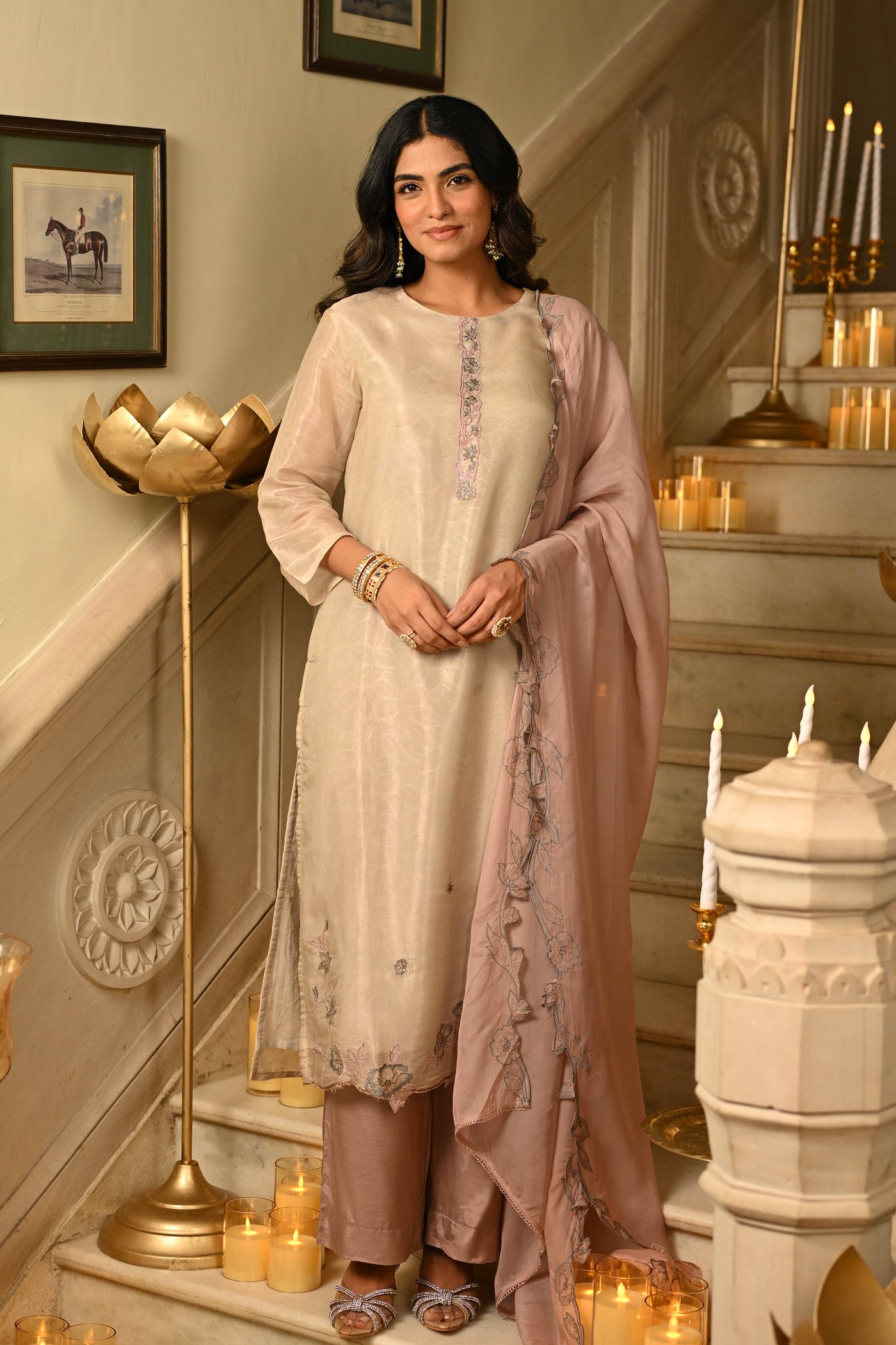 Blush Pink Cut Work Pure Muslin Silk Jacquard Kurta with Scallope Thread Hand Work and Fuschia Lilac Pant With Pure Organza Dupatta