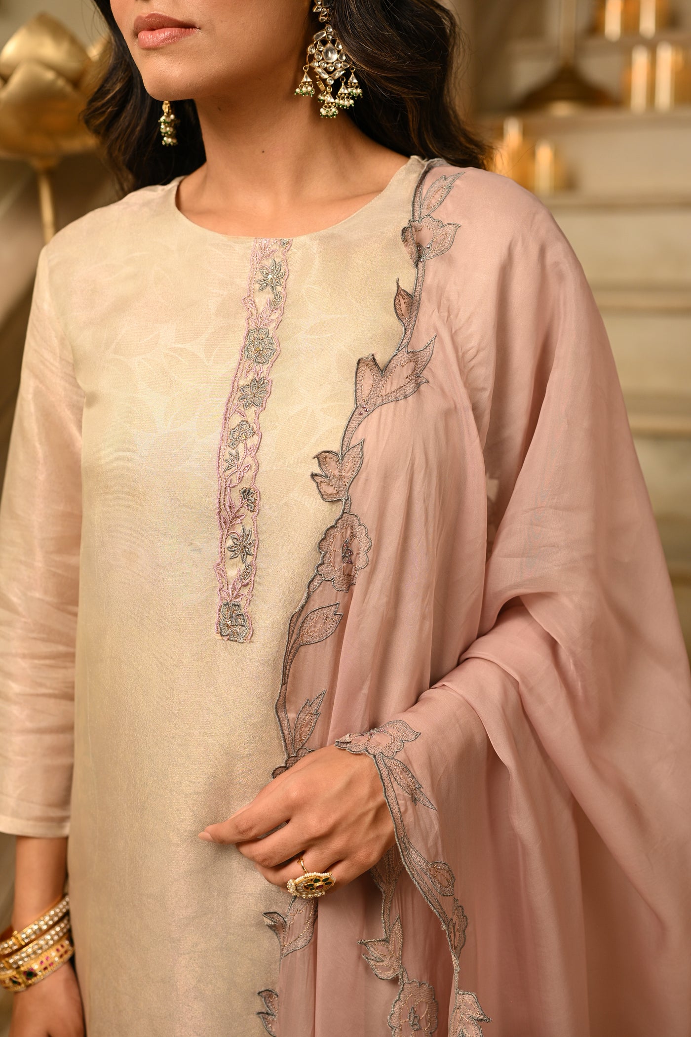 Blush Pink Cut Work Pure Muslin Silk Jacquard Kurta with Scallope Thread Hand Work and Fuschia Lilac Pant With Pure Organza Dupatta