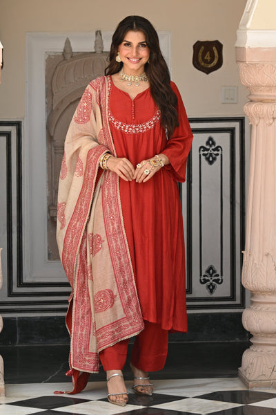 Rustic reddish mul chanderi suit set with beads and tari work on neck and block paisley with spread gota work dupatta