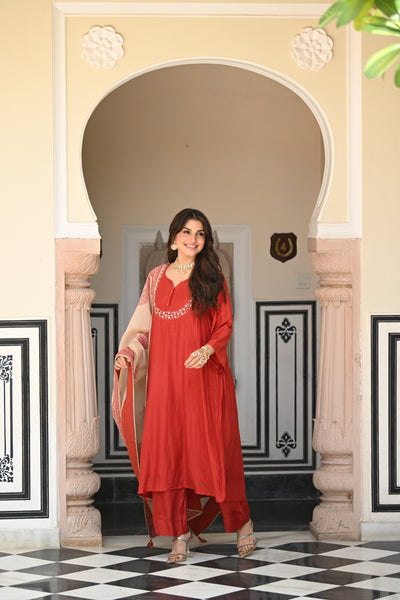 Rustic reddish mul chanderi suit set with beads and tari work on neck and block paisley with spread gota work dupatta