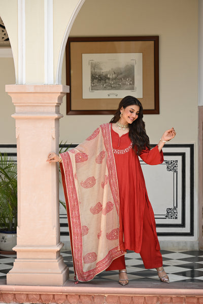 Rustic reddish mul chanderi suit set with beads and tari work on neck and block paisley with spread gota work dupatta