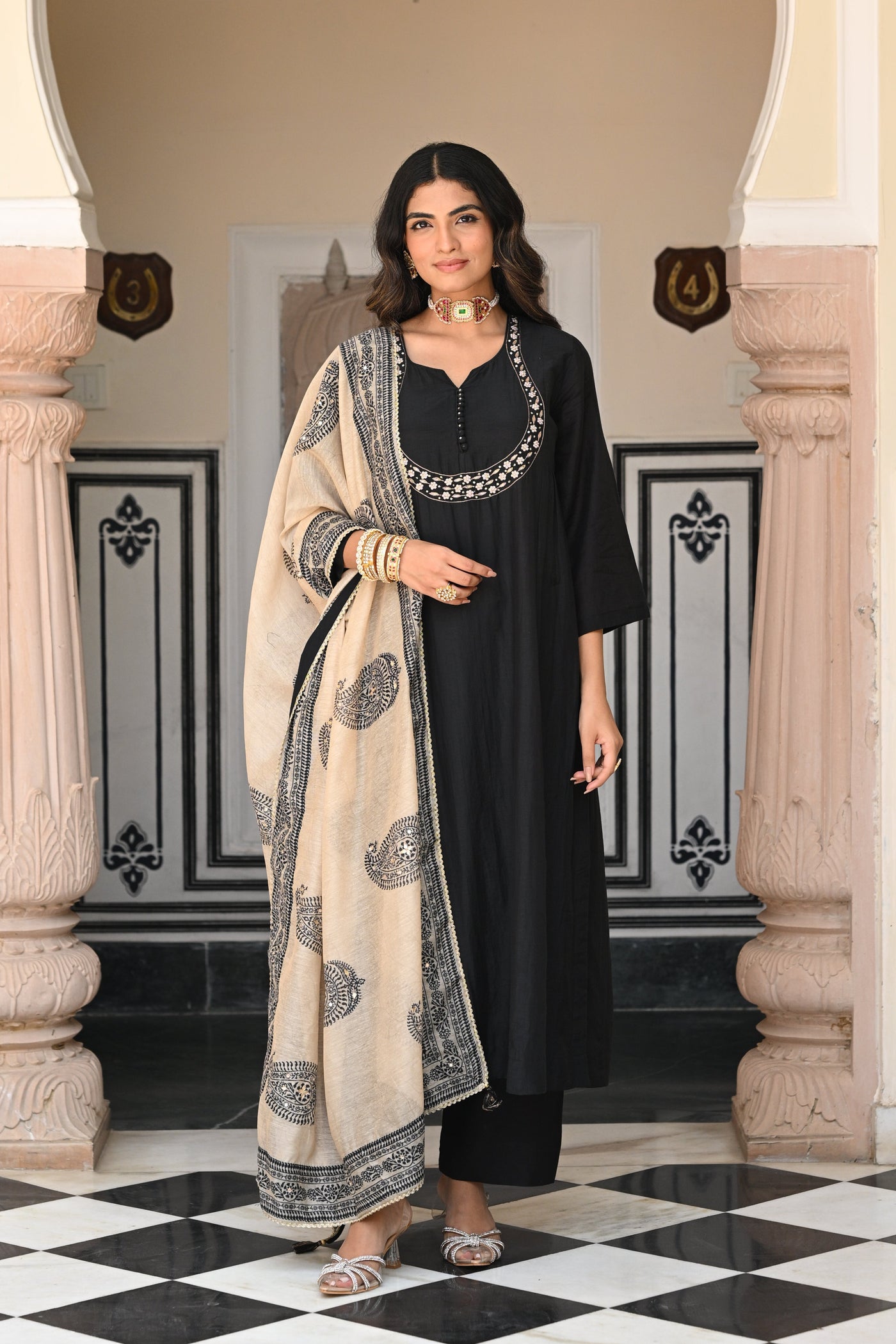 Black Mul Chanderi Suit Set with Beads and Tari Work on Neck and Block Paisley with Spread Gota work Dupatta