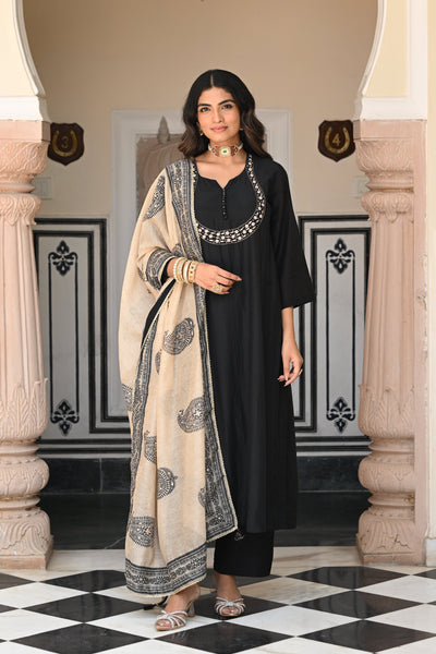Black Mul Chanderi Suit Set with Beads and Tari Work on Neck and Block Paisley with Spread Gota work Dupatta
