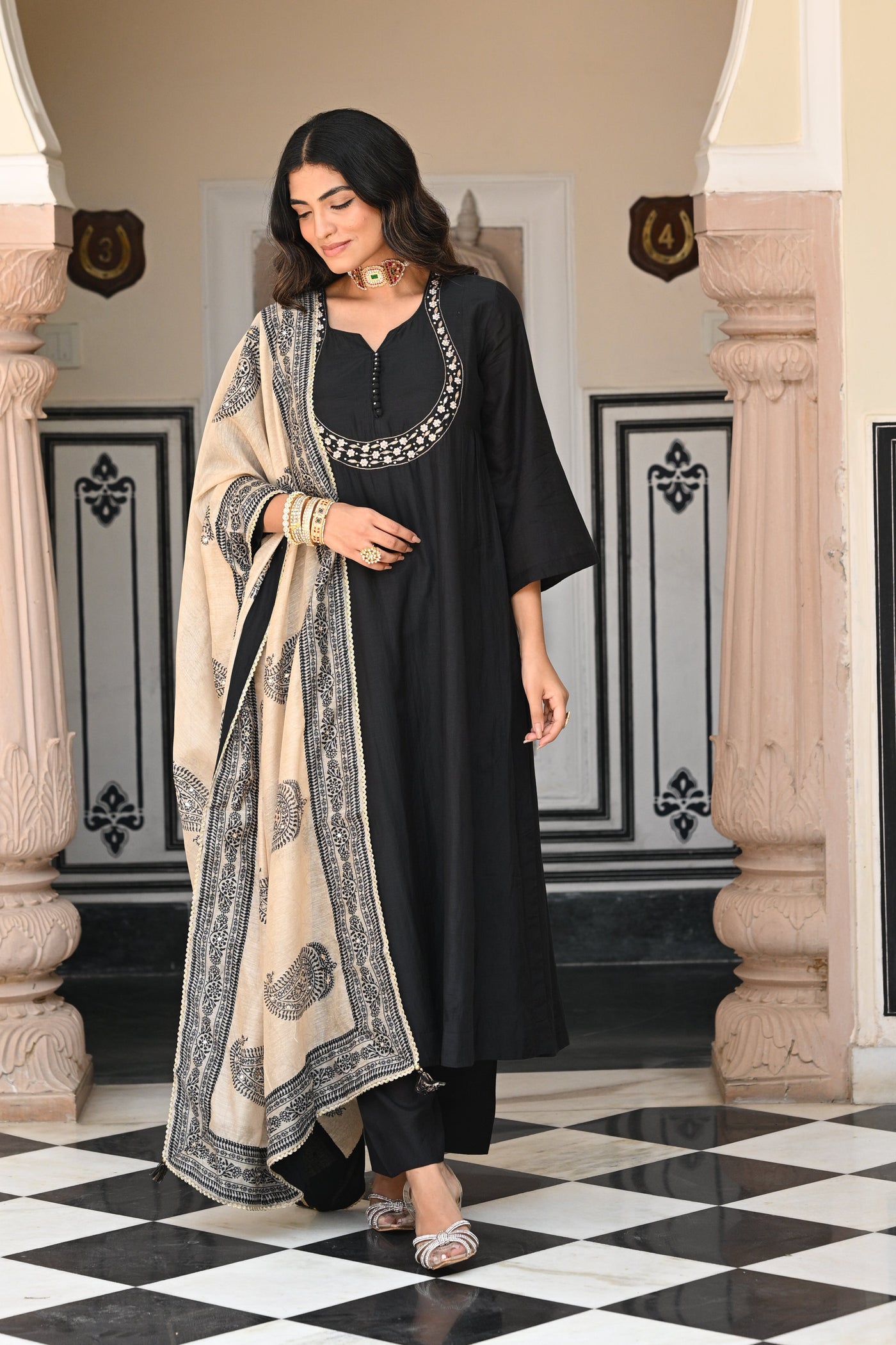 Black Mul Chanderi Suit Set with Beads and Tari Work on Neck and Block Paisley with Spread Gota work Dupatta