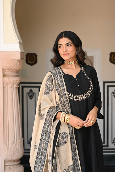 Black Mul Chanderi Suit Set with Beads and Tari Work on Neck and Block Paisley with Spread Gota work Dupatta