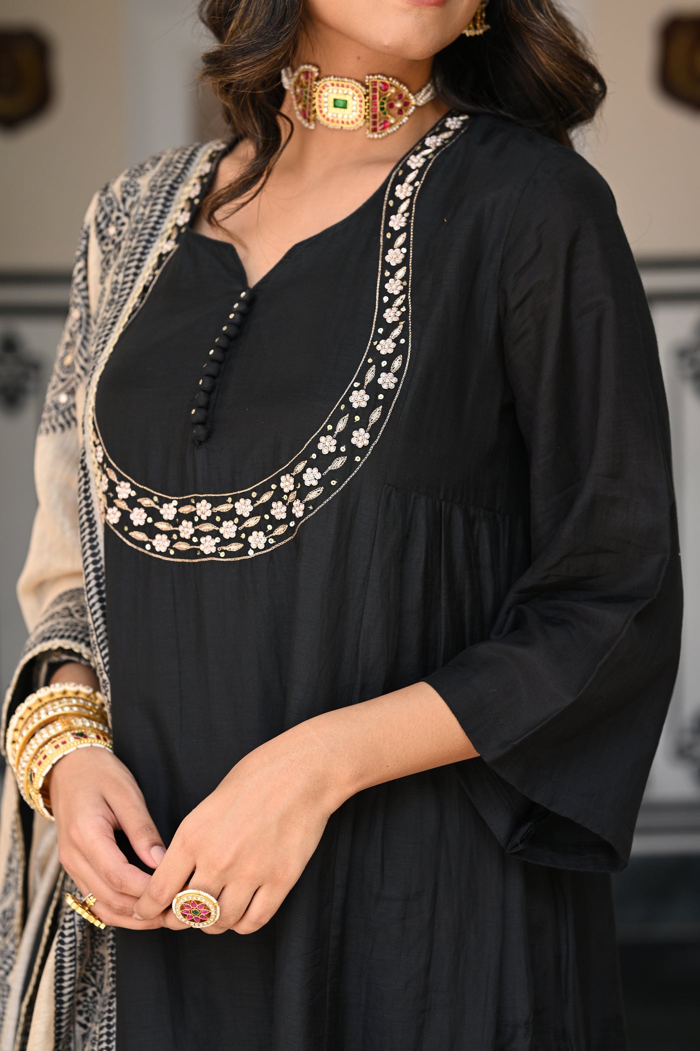 Black Mul Chanderi Suit Set with Beads and Tari Work on Neck and Block Paisley with Spread Gota work Dupatta