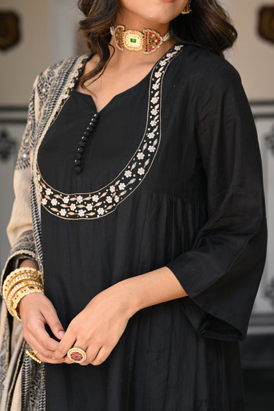 Black Mul Chanderi Suit Set with Beads and Tari Work on Neck and Block Paisley with Spread Gota work Dupatta