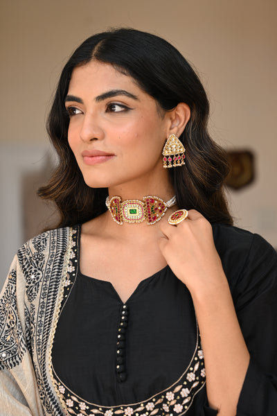 Black Mul Chanderi Suit Set with Beads and Tari Work on Neck and Block Paisley with Spread Gota work Dupatta