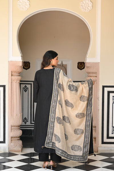 Black Mul Chanderi Suit Set with Beads and Tari Work on Neck and Block Paisley with Spread Gota work Dupatta