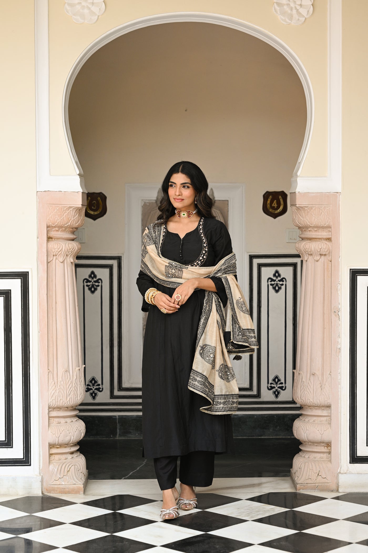 Black Mul Chanderi Suit Set with Beads and Tari Work on Neck and Block Paisley with Spread Gota work Dupatta
