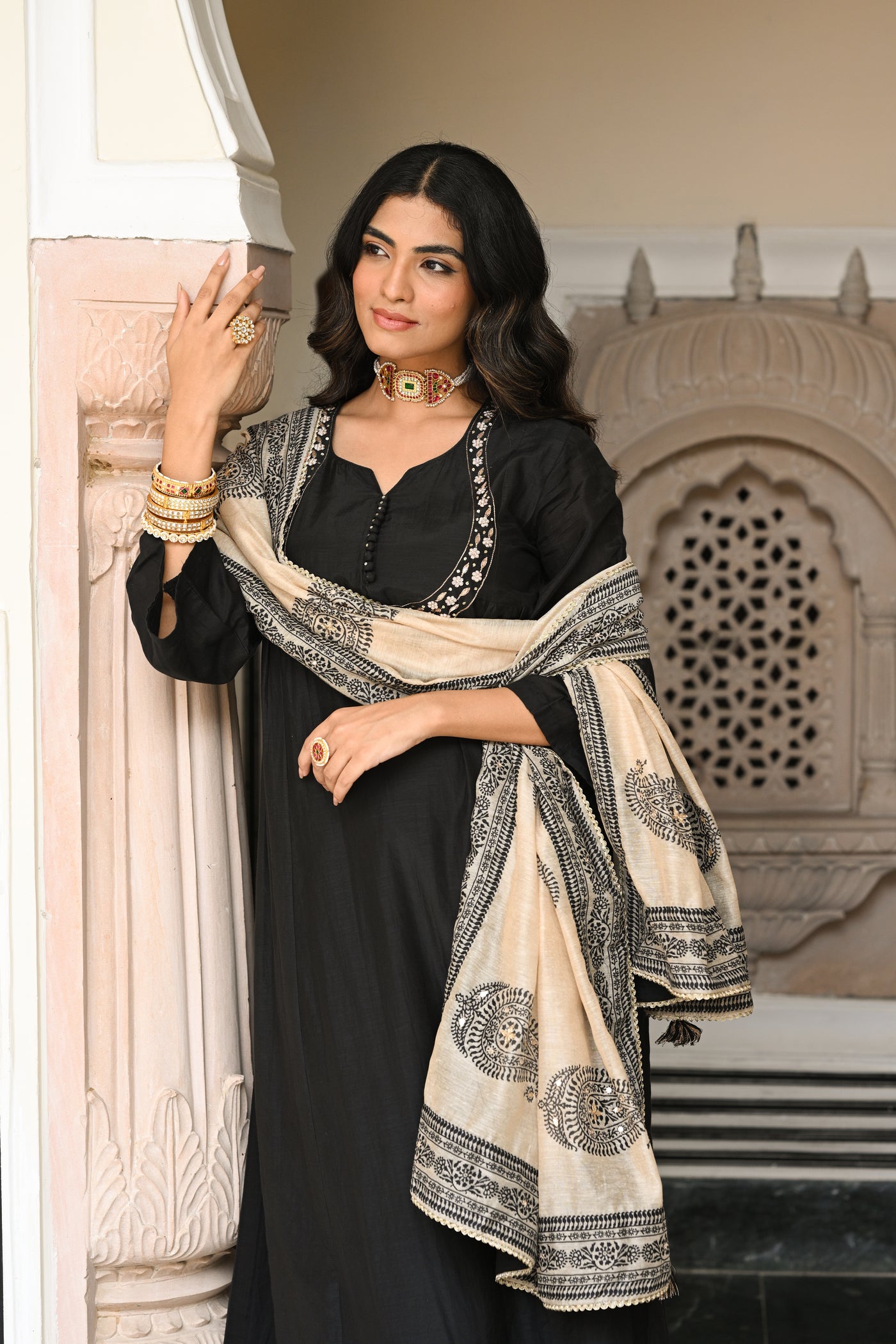 Black Mul Chanderi Suit Set with Beads and Tari Work on Neck and Block Paisley with Spread Gota work Dupatta