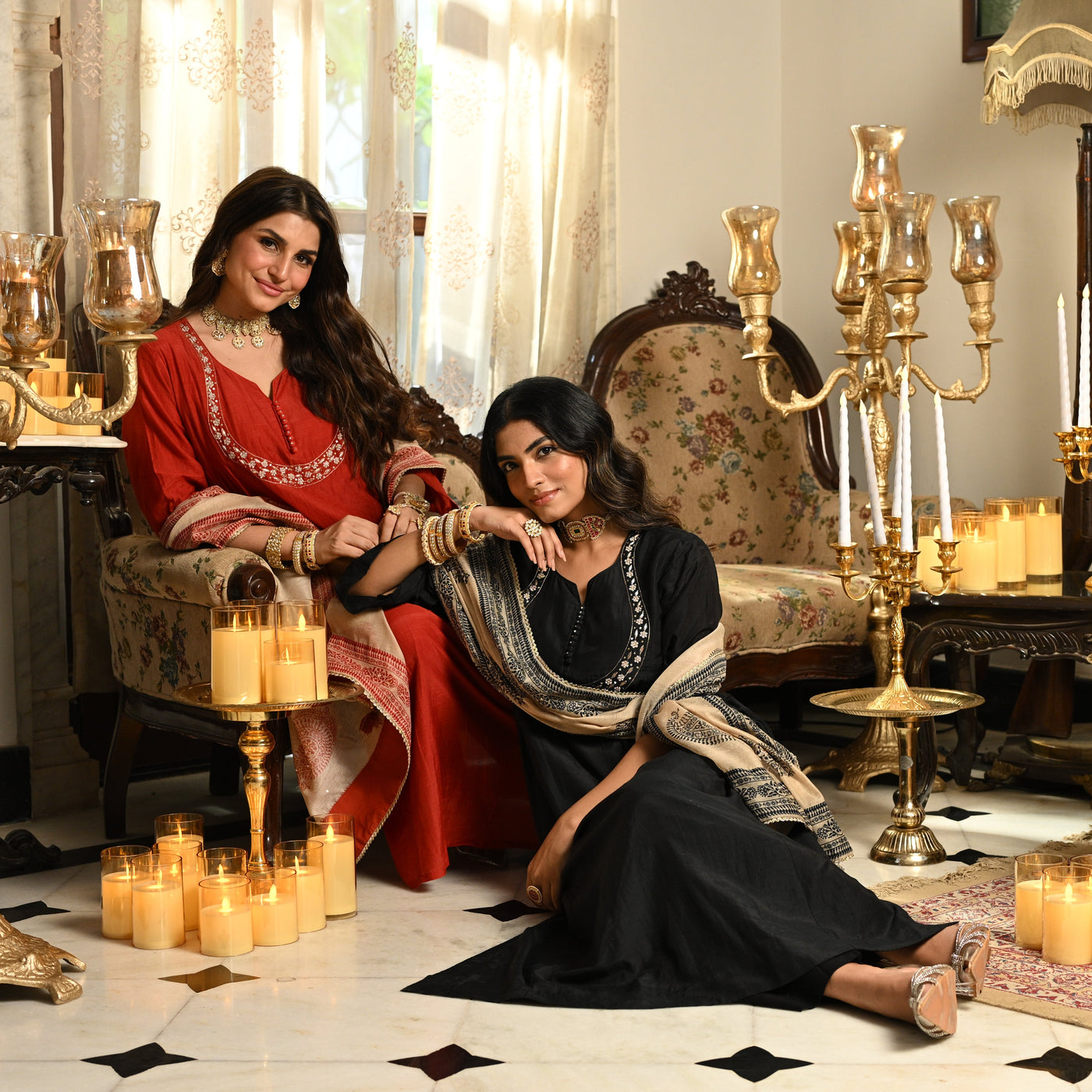 Black Mul Chanderi Suit Set with Beads and Tari Work on Neck and Block Paisley with Spread Gota work Dupatta