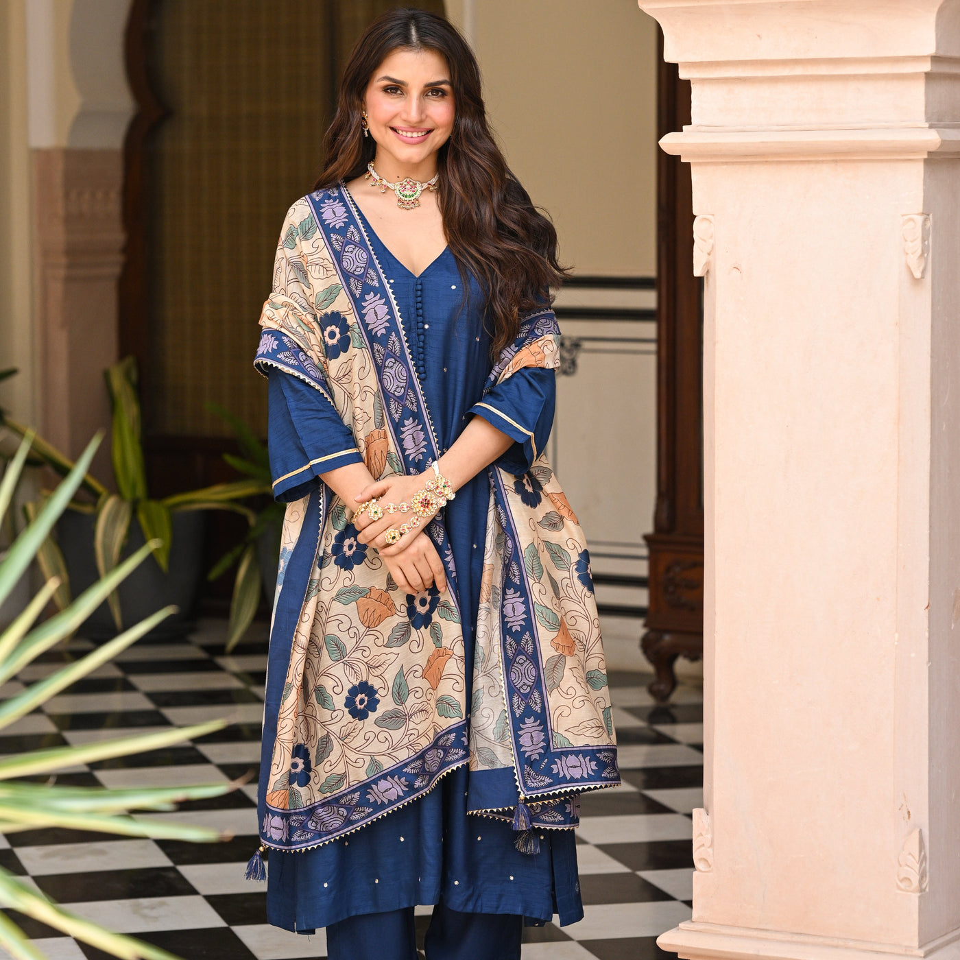 Shubh Blue Kalamkari Dupatta Suit Set