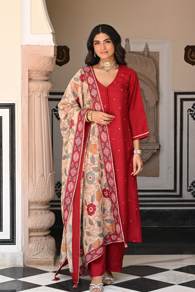 Aahana Kumra Shubh Red Kalamkari Dupatta Suit Set