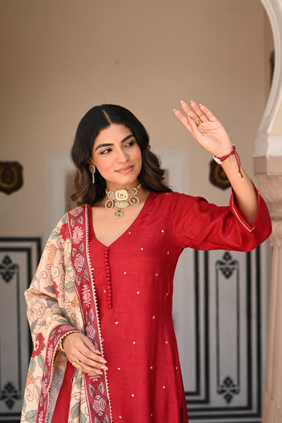 Aahana Kumra Shubh Red Kalamkari Dupatta Suit Set