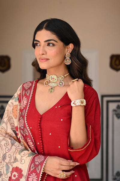 Aahana Kumra Shubh Red Kalamkari Dupatta Suit Set