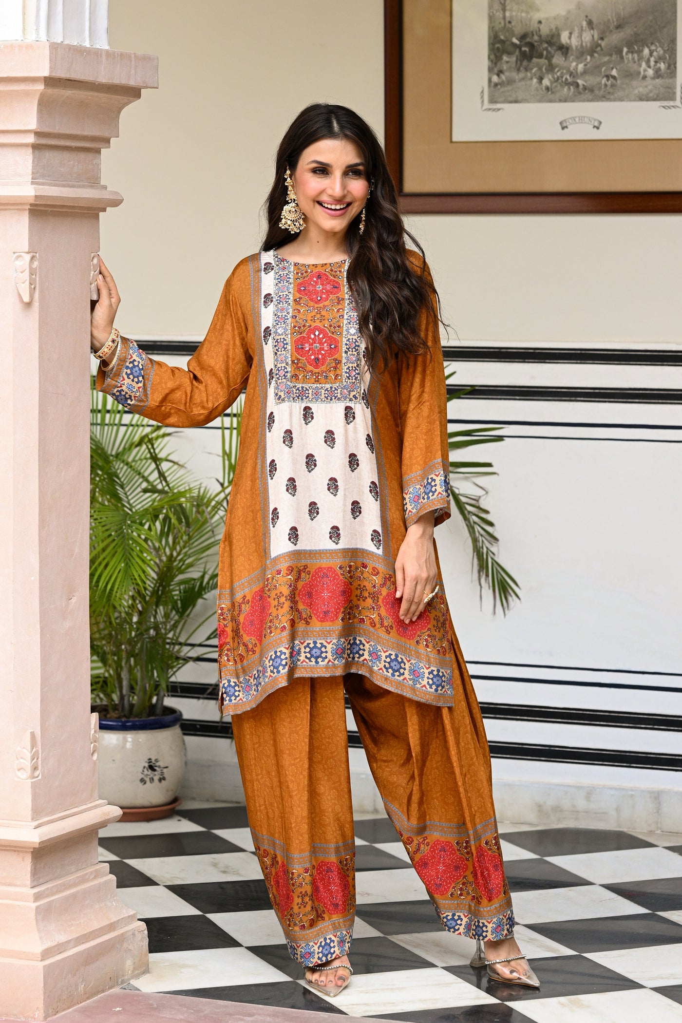 Mustard and Red Block Print Panel Placement Farsi Pant Kurta Set