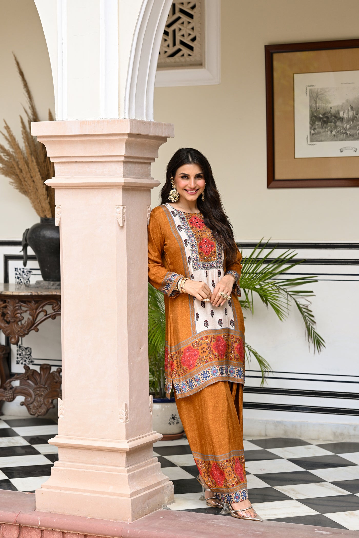 Mustard and Red Block Print Panel Placement Farsi Pant Kurta Set