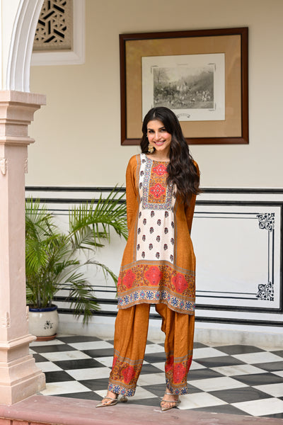 Mustard and Red Block Print Panel Placement Farsi Pant Kurta Set