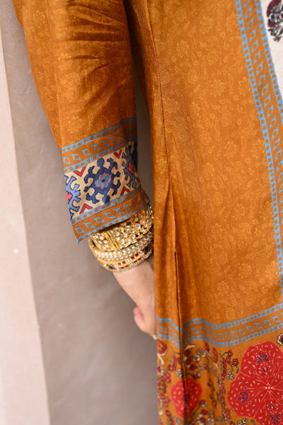 Mustard and Red Block Print Panel Placement Farsi Pant Kurta Set