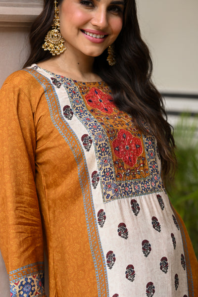 Mustard and Red Block Print Panel Placement Farsi Pant Kurta Set