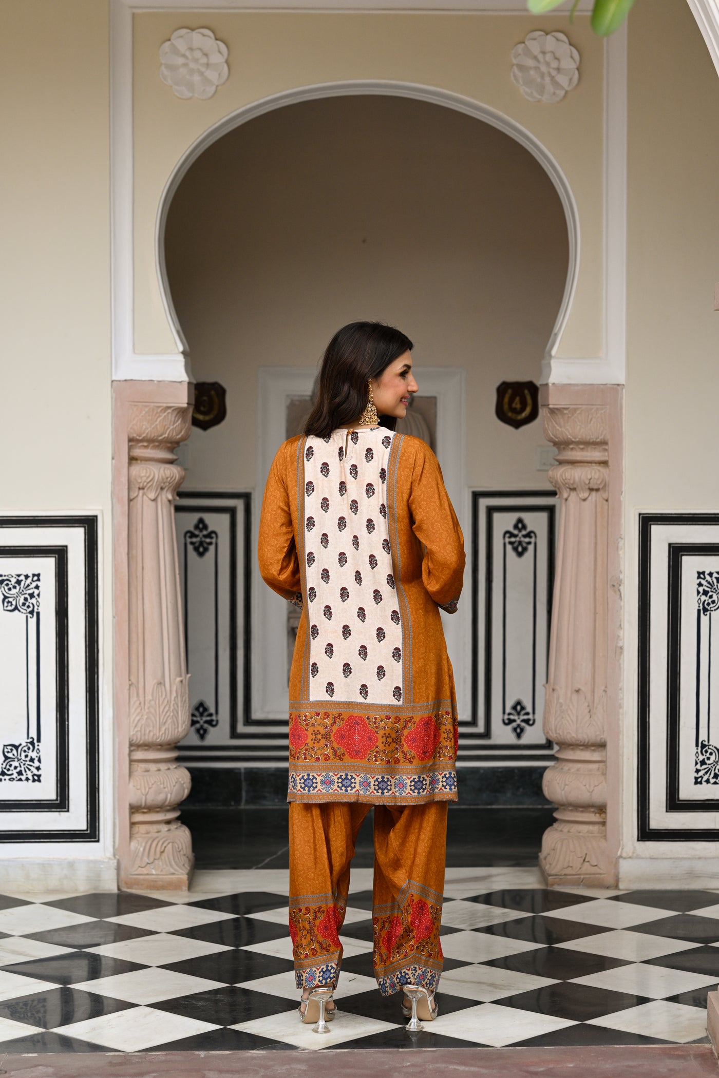 Mustard and Red Block Print Panel Placement Farsi Pant Kurta Set