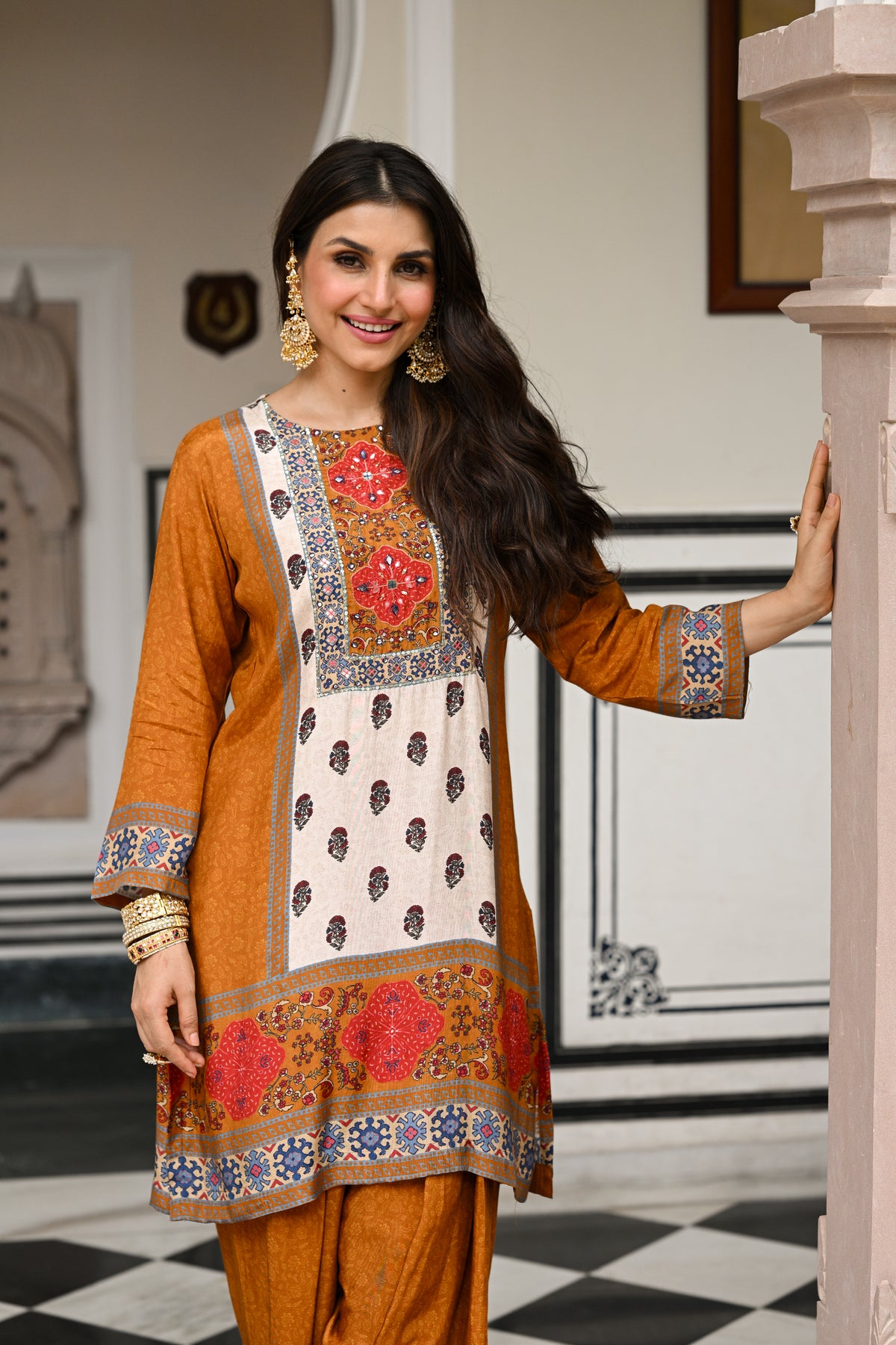 Mustard and Red Block Print Panel Placement Farsi Pant Kurta Set