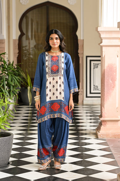 Blue and Red Block Print Panel Placement Farsi Pant Kurta Set