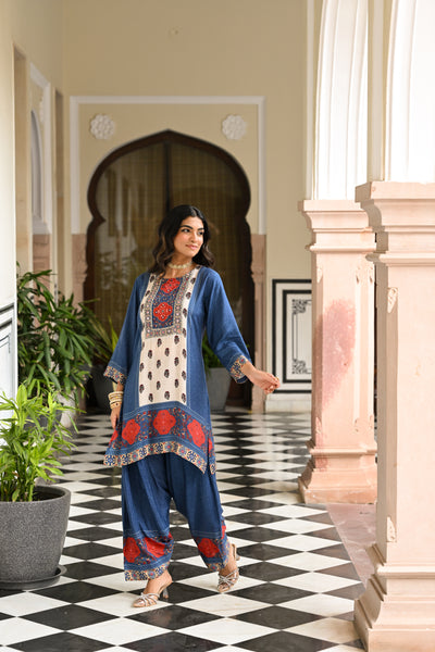 Blue and Red Block Print Panel Placement Farsi Pant Kurta Set