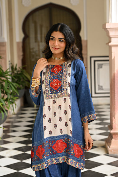 Blue and Red Block Print Panel Placement Farsi Pant Kurta Set