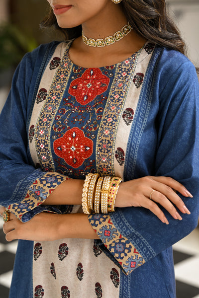 Blue and Red Block Print Panel Placement Farsi Pant Kurta Set