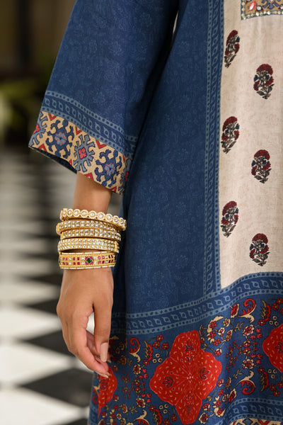 Blue and Red Block Print Panel Placement Farsi Pant Kurta Set