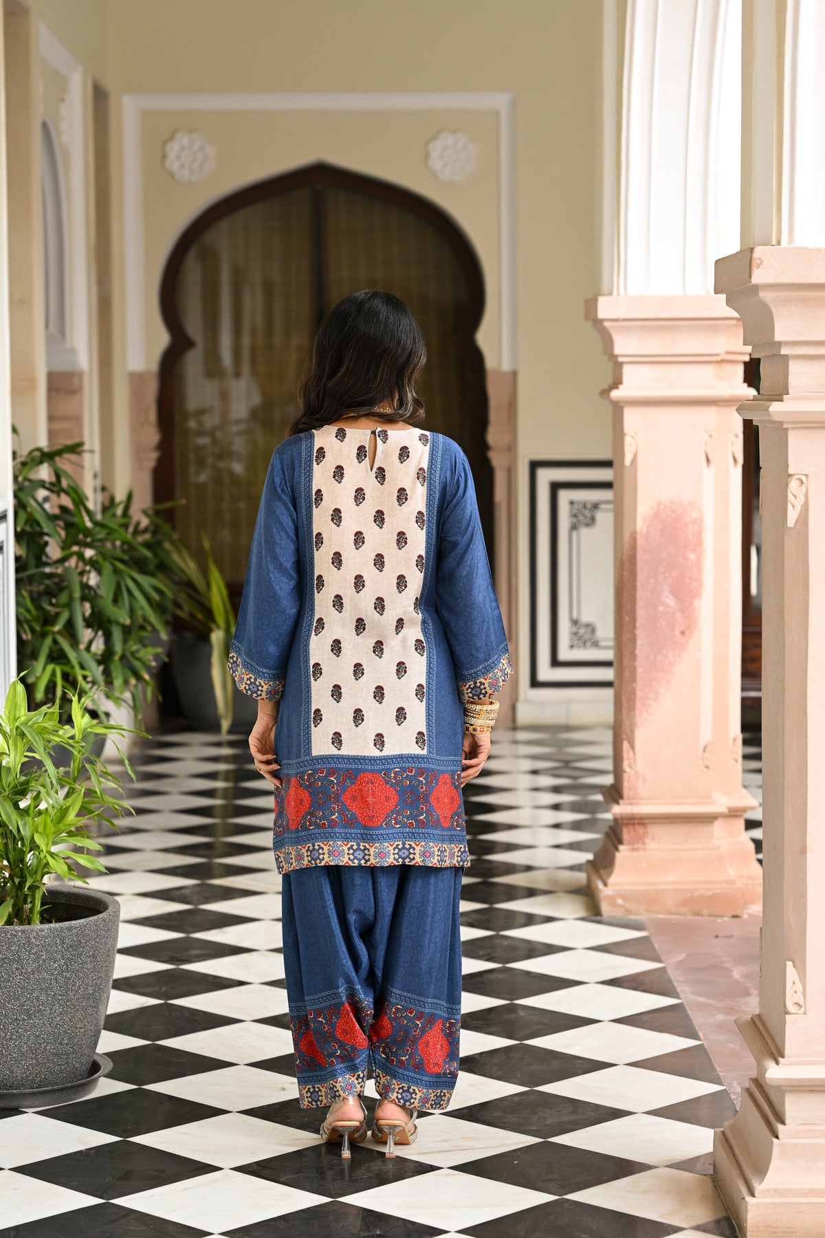 Blue and Red Block Print Panel Placement Farsi Pant Kurta Set