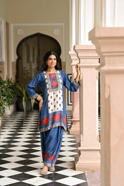Blue and Red Block Print Panel Placement Farsi Pant Kurta Set