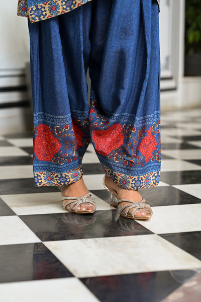 Blue and Red Block Print Panel Placement Farsi Pant Kurta Set