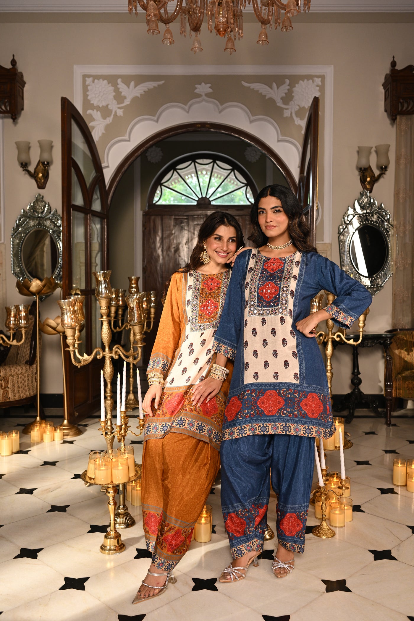 Blue and Red Block Print Panel Placement Farsi Pant Kurta Set