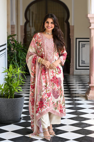 Hema Maliniji in White and Red Floral Thread Embroidery Muslin Suit Set